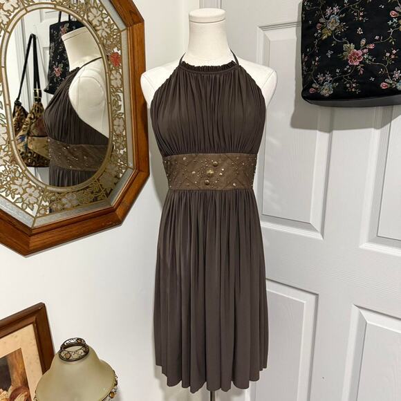 BCBGMAXAZRIA Brown & Gold Silk Sleeveless Ribbed Halter Neck Mini Dress 6/S - Picture 1 of 7